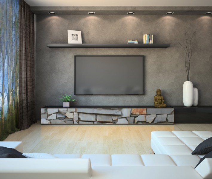 Modern interior with orange cabinet and TV